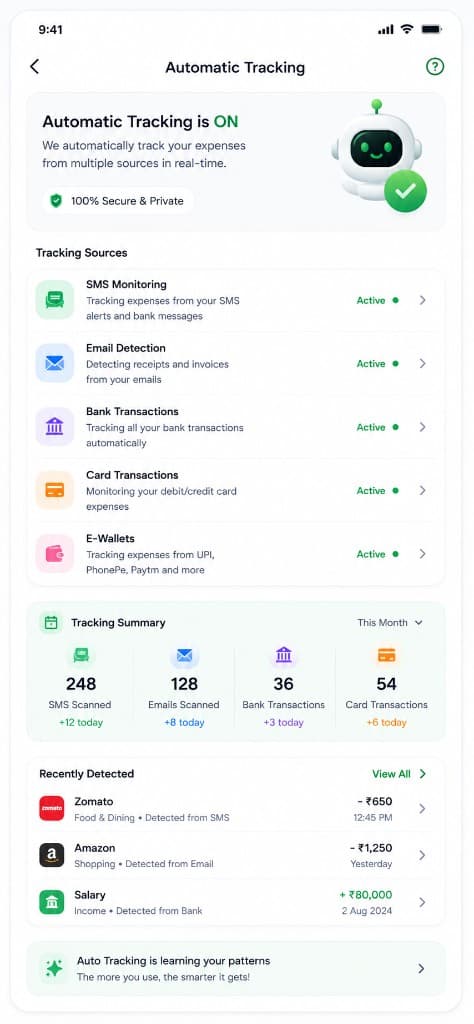 Automatic tracking sources and recently detected expenses